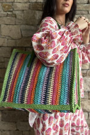 Kondi Rainbow Raffia Tote Bag Green